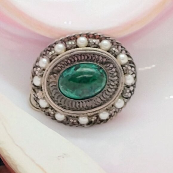 Israel Sterling Silver Seed Pearl Green Eilat Convertible Pendant/Brooch - Picture 1 of 6
